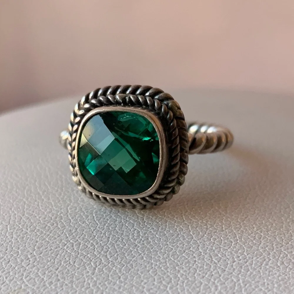 VINTAGE GREEN QUARTZ 925 STERLING SILVER TWISTED CABLE RING